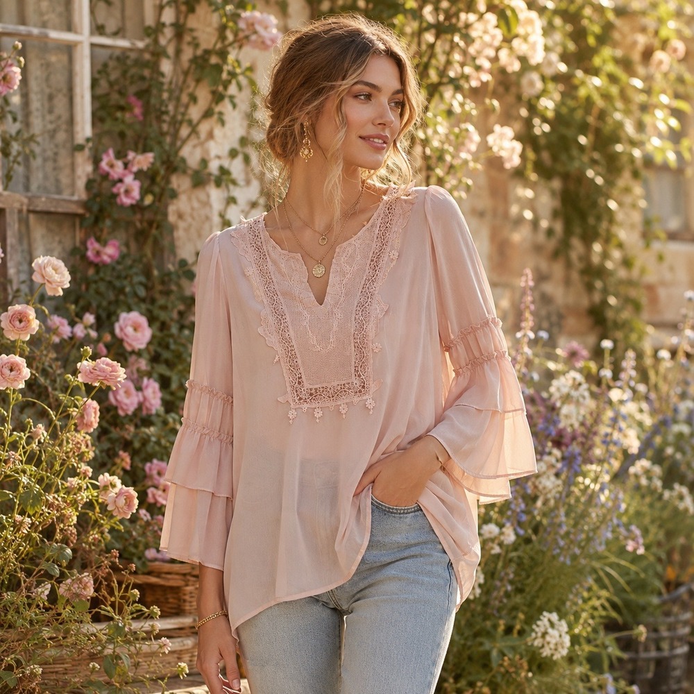 Bedford Fair Pink Lace Trim Boho Blouse Medium Ruffle 3/4 Sleeve Chiffon Top